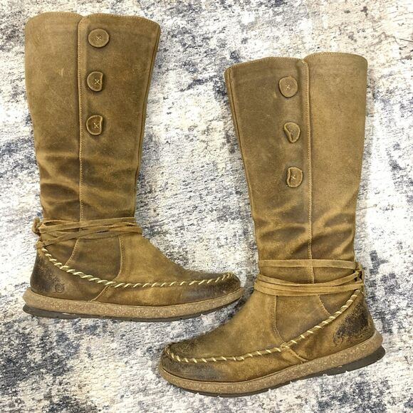 Shoes - BORN Distressed Brown Leather Zippered Moccasin Tall Boots Size 9 US Women’s